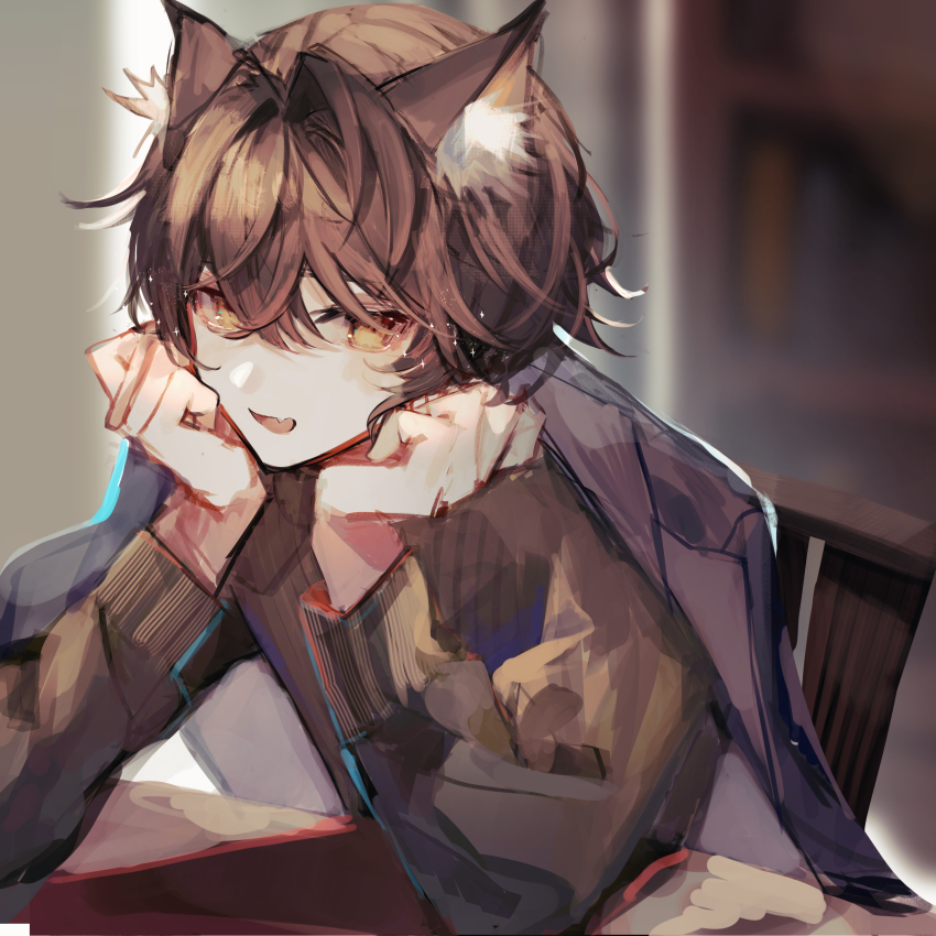 1boy, absurdres, animal_ears, black_jacket, brown_hair, cat_boy, cat_ears, facing_away