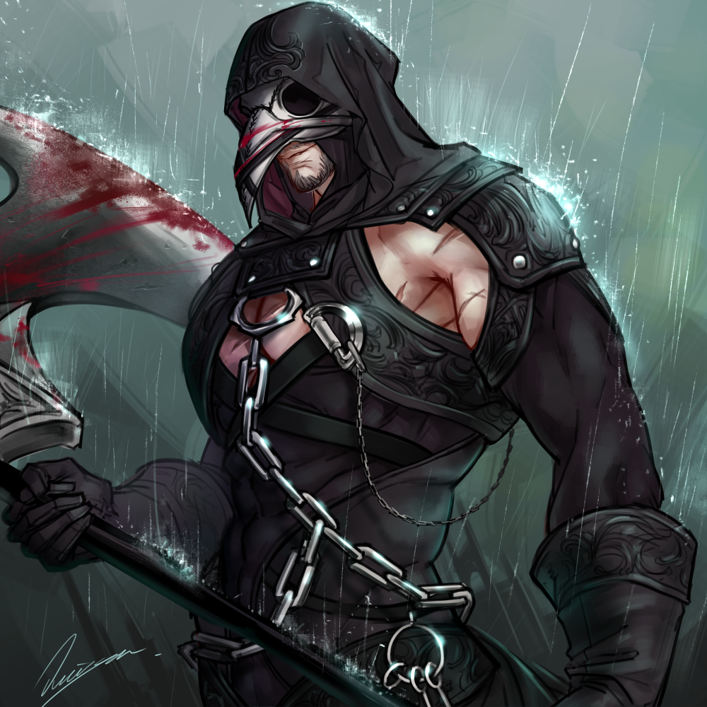 1boy, axe, beard, black_gloves, black_hood, blood, blood_on_mask, bloody_weapon
