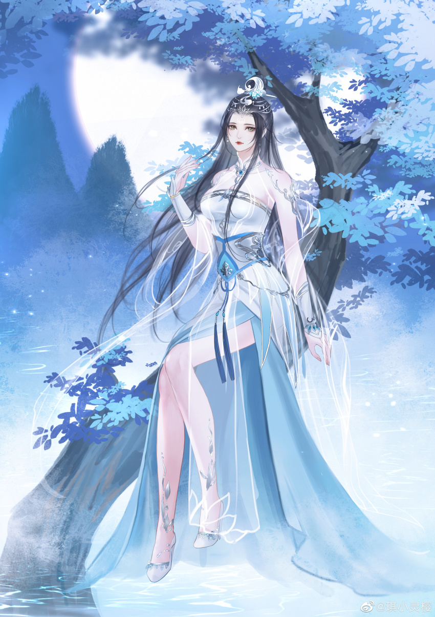 1girl, absurdres, bare_legs, black_hair, cleavage_cutout, closed_mouth, clothing_cutout, dress, expressionless, full_body, hair_ornament, high_heels, highres, ling_qingzhu_(wu_dong_qian_kun), long_hair, moon, needle, qi_xiao_ling_ying, sitting, solo, tree, water, white_dress, wu_dong_qian_kun