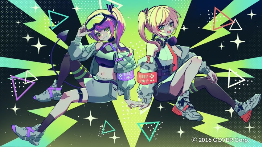 2girls, arm_support, barcode, bare_shoulders, black_shirt, black_skirt, black_socks, black_thighhighs