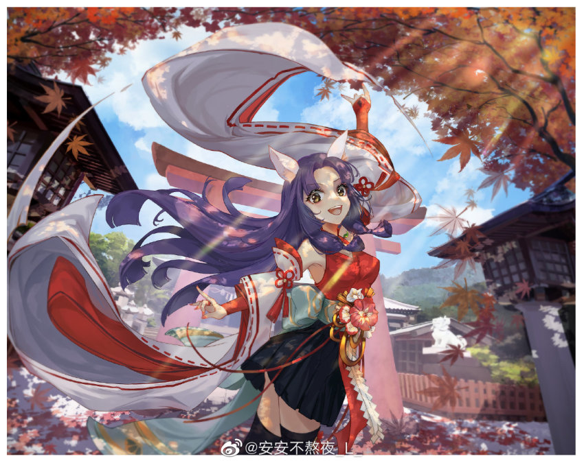 1girl, anan_bu_aoye_l, animal_ears, black_skirt, detached_sleeves, dress, fence, flower