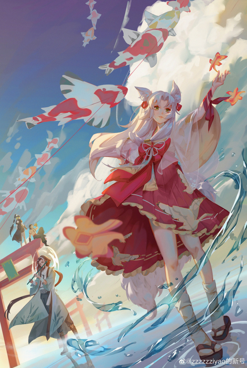 2boys, 2girls, absurdres, animal_ears, blue_sky, closed_mouth, cloud, fish