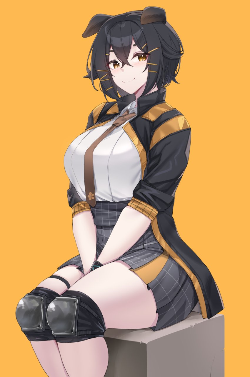 1girl, absurdres, animal_ears, arknights, black_hair, black_jacket, black_skirt, closed_mouth