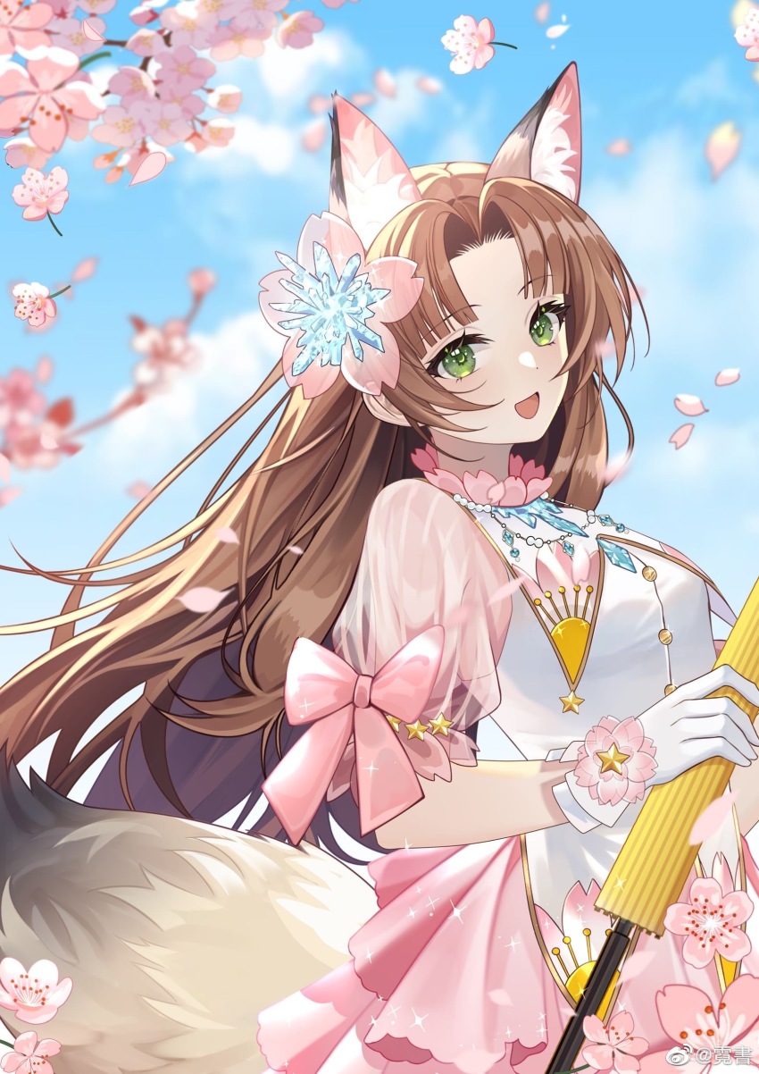 1girl, absurdres, animal_ears, blue_sky, brown_hair, cherry_blossoms, cloud, dress, falling_petals, flower, flower_collar, fox_ears, fox_tail, gloves, hair_flower, hair_ornament, highres, holding, holding_umbrella, long_hair, ni_shu, open_mouth, petals, see-through_clothes, see-through_sleeves, short_sleeves, sky, sleeve_ribbon, smile, solo, tail, tsuchimikado_kurumi_(yong_jie_wujian), umbrella, white_dress, white_gloves, yong_jie_wujian