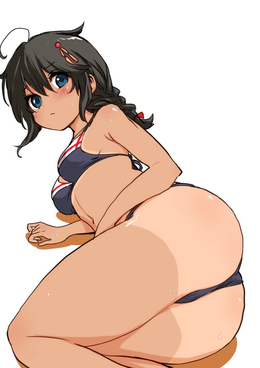 1girl, adapted_costume, ahoge, bikini, black_bikini, black_hair, blue_eyes, braid