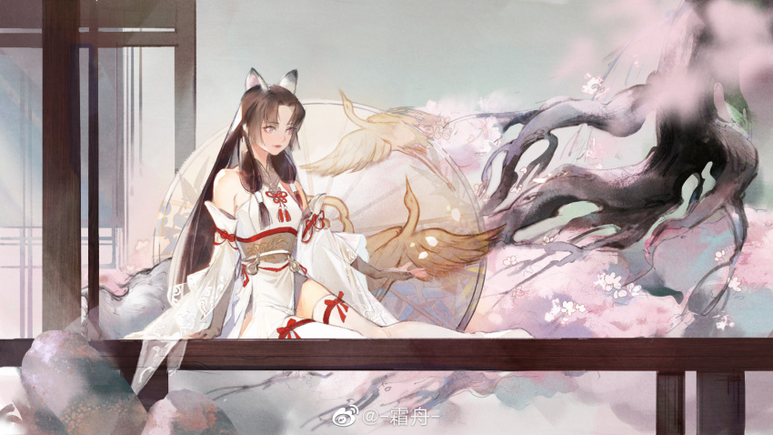 1girl, animal_ears, breasts, brown_hair, cherry_blossoms, closed_mouth, cloud, detached_sleeves