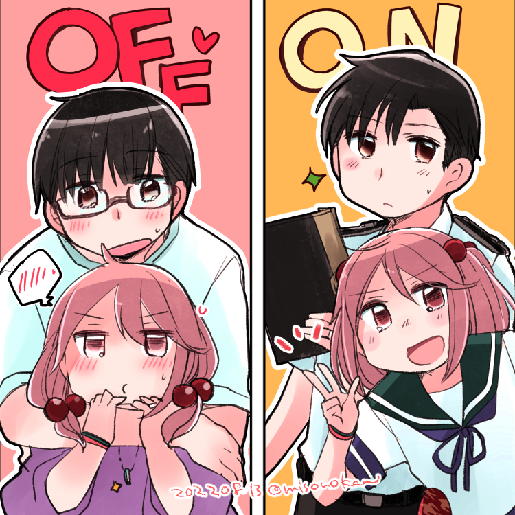 1boy, 1girl, admiral_(kancolle), alternate_costume, alternate_hairstyle, black_hair, blue_sailor_collar, brown_eyes