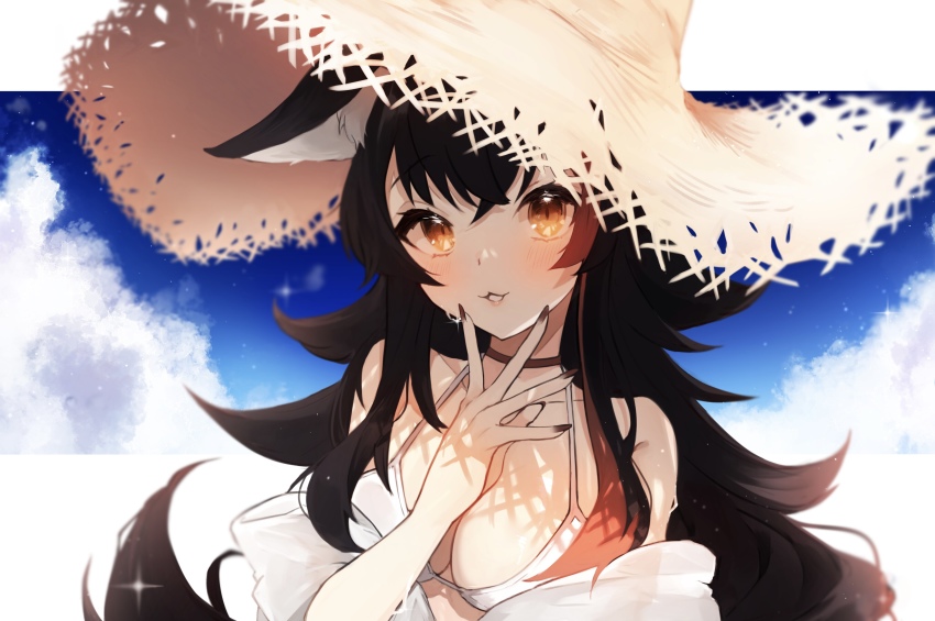 1girl, absurdres, bikini, black_hair, blush, breasts, brown_eyes, brown_hat