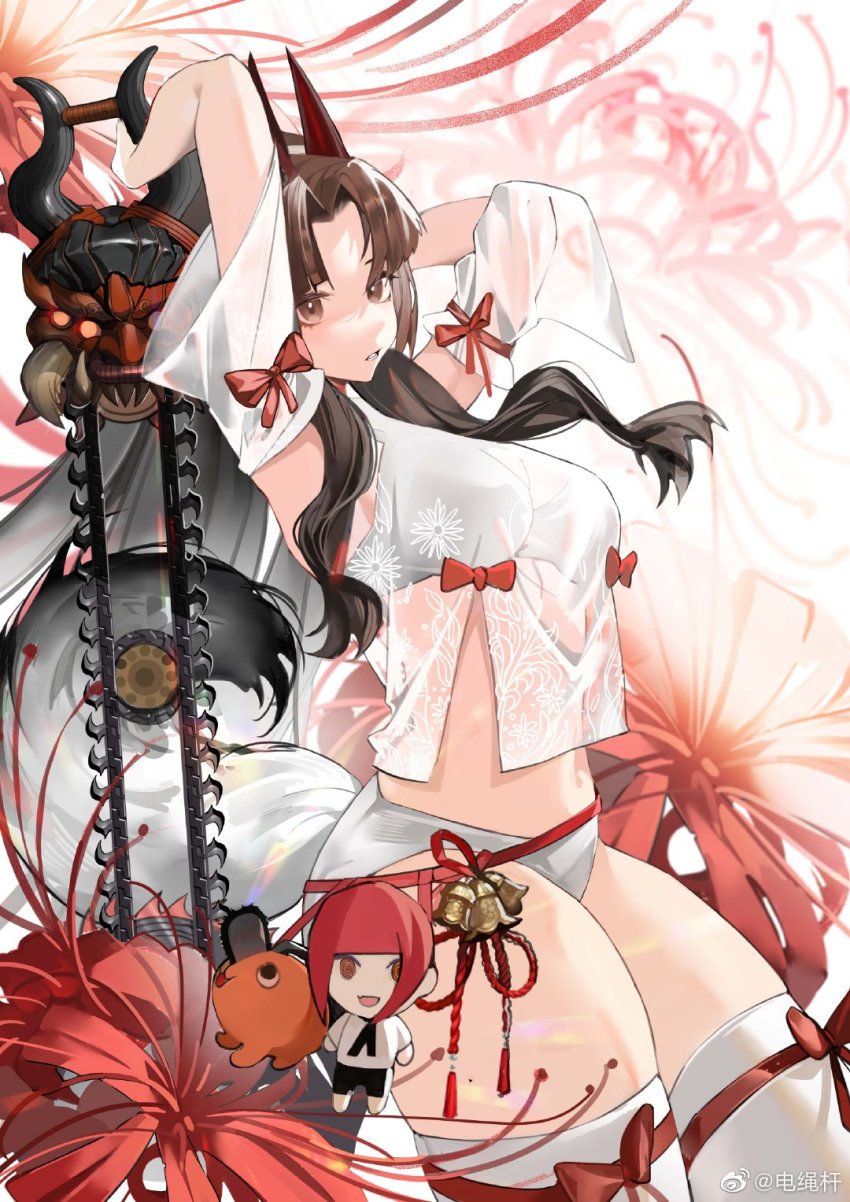 1girl, arms_up, bijian_de_linghun, bra, brown_hair, detached_sleeves, flower, fox_tail