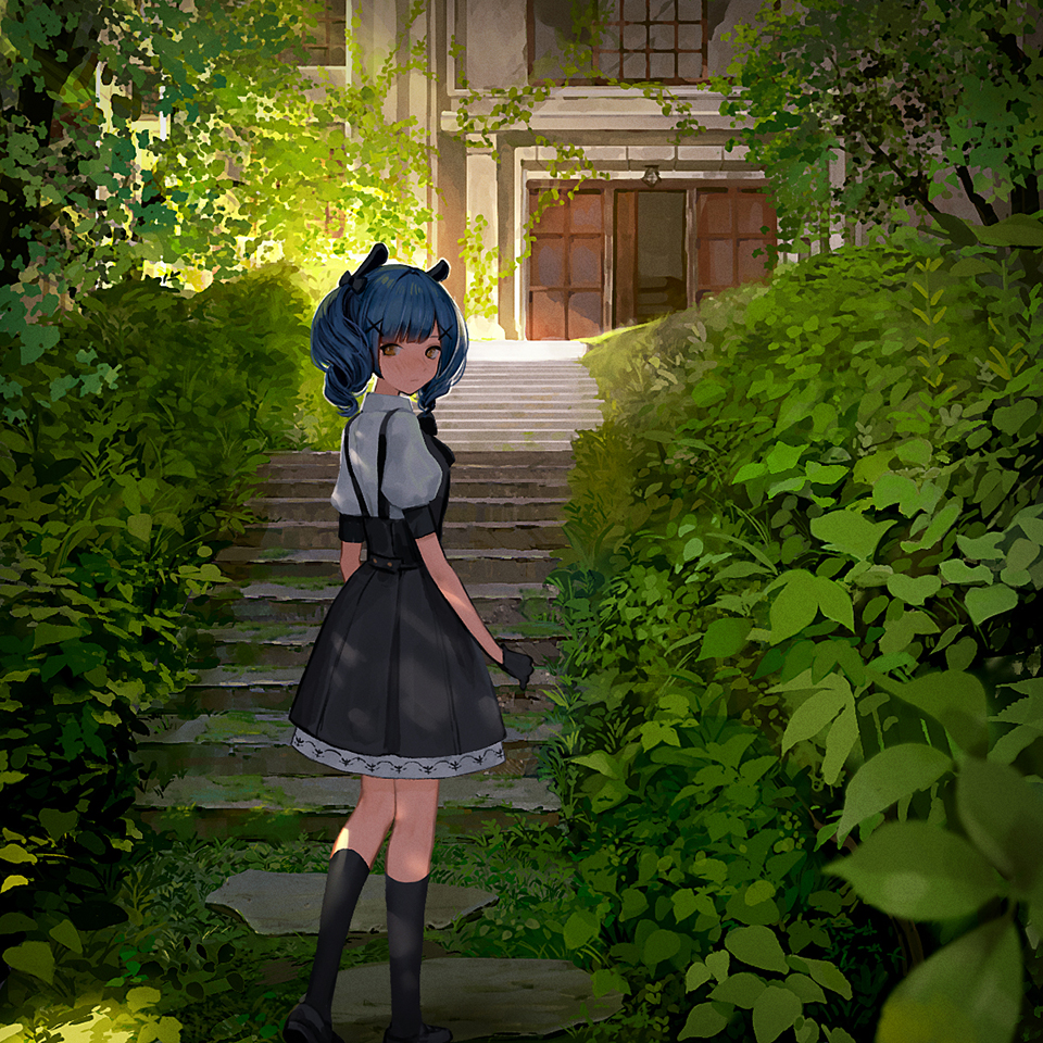 1girl, animal_ears, asymmetrical_bangs, black_bow, black_dress, black_footwear, black_gloves, black_thighhighs