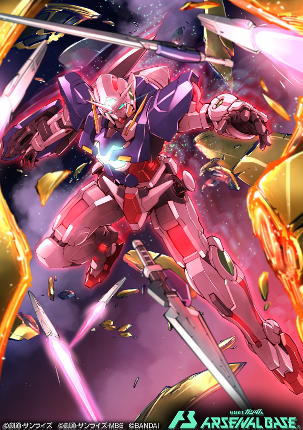 alvatore, blue_eyes, copyright_name, energy_sword, glowing, glowing_eyes, gn_drive, gundam