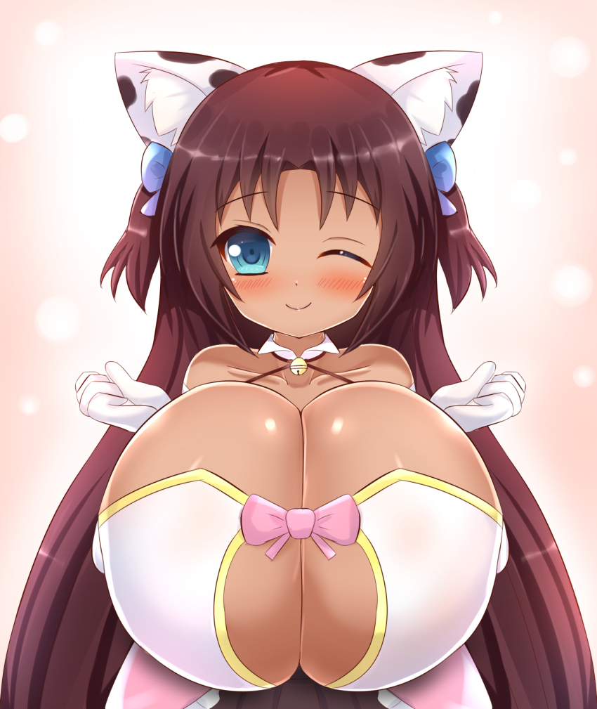 1girl, animal_ears, animal_print, bare_shoulders, bell, blue_bow, blue_eyes, blush