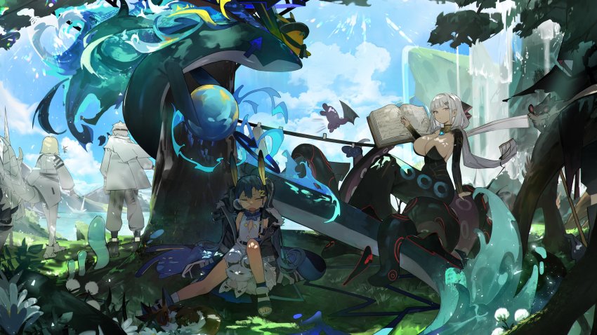 +++, 2boys, 4girls, absurdres, alchemy_stars, black_coat, black_dress, black_hair