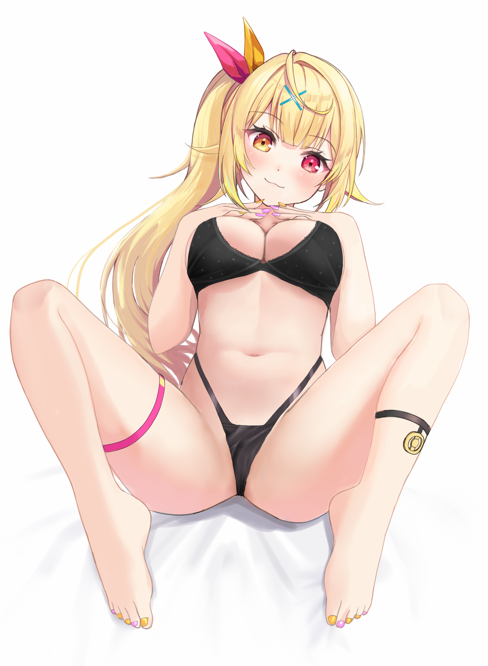 1girl, barefoot, blonde_hair, blush, bra, breasts, cleavage, emyu_b