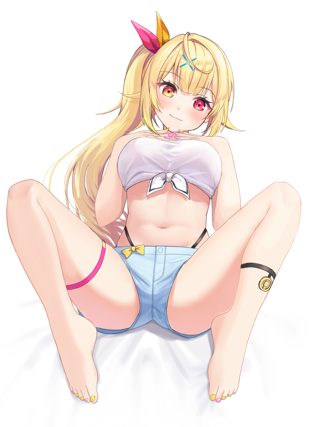 1girl, barefoot, blonde_hair, blush, breasts, emyu_b, hair_ornament, hair_ribbon