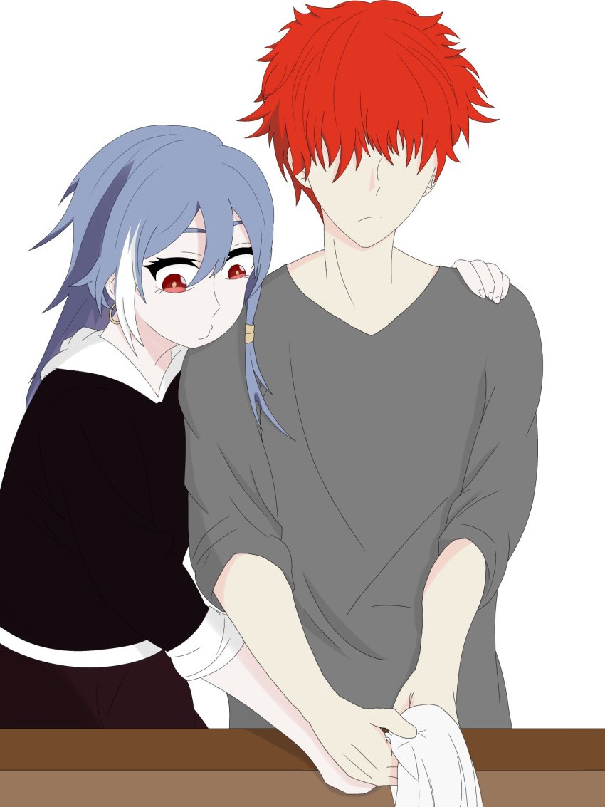 1boy, 1girl, captain_(honkai_impact), couple, gabkur, herrscher_of_sentience, highres, honkai_(series), honkai_impact_3rd, jacket, long_hair, multicolored_hair, no_eyes, red_eyes, red_hair, self-upload, white_background