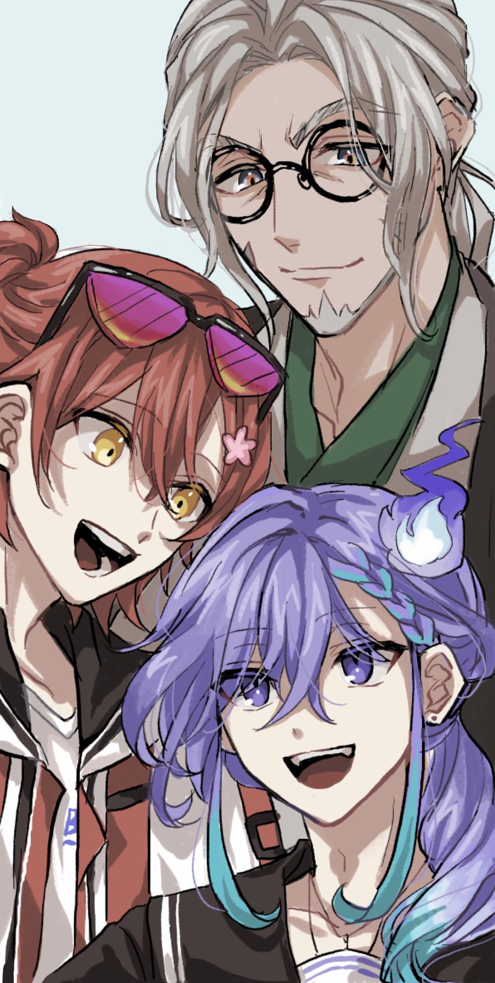 3boys, :d, aqua_hair, arurandeisu, beard, belt, black-framed_eyewear, black_jacket