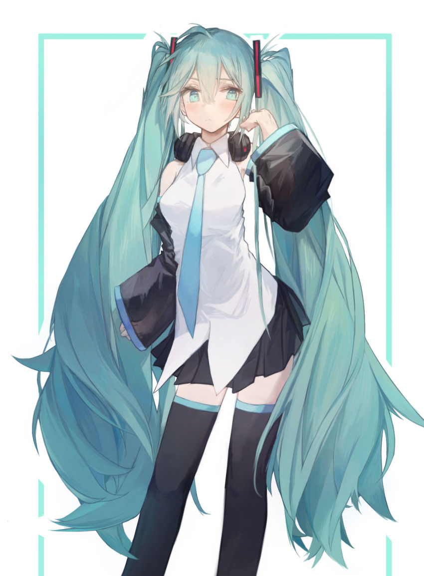 1girl, bad_id, bad_pixiv_id, black_skirt, black_sleeves, black_thighhighs, blue_eyes, blue_hair