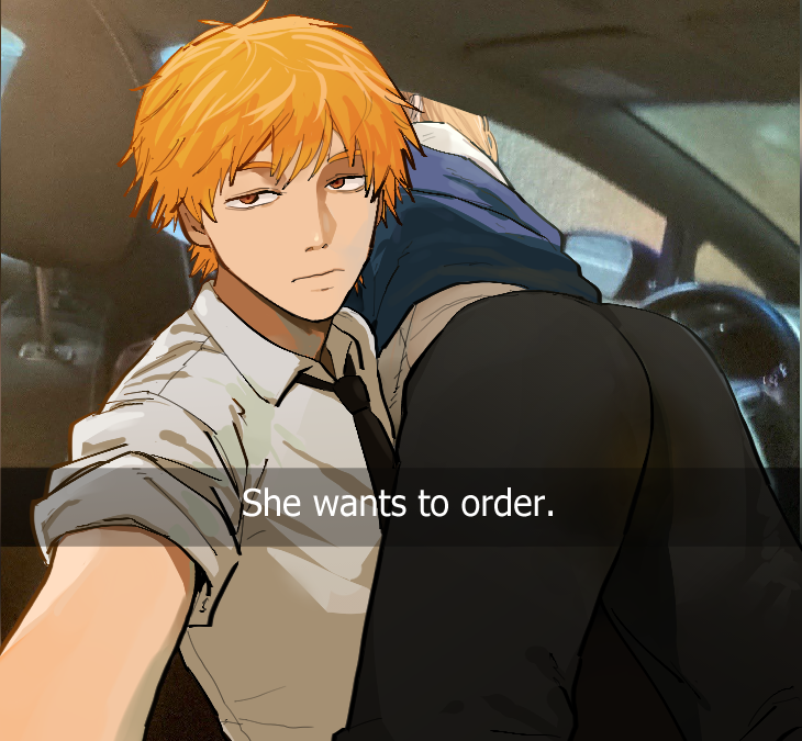 1boy, 1girl, ass, black_necktie, black_pants, blonde_hair, car_interior, car_seat, chainsaw_man, collared_shirt, denji_(chainsaw_man), english_text, expressionless, he_wants_to_order_(meme), looking_at_viewer, meme, necktie, pants, power_(chainsaw_man), sealc4nfly, selfie, shirt, snapchat, steering_wheel, white_shirt