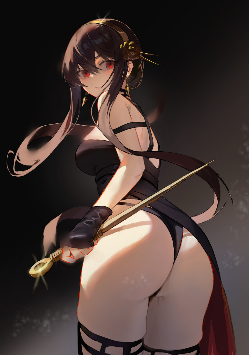 1girl, absurdres, ass, black_dress, black_gloves, black_hair, black_panties, black_thighhighs