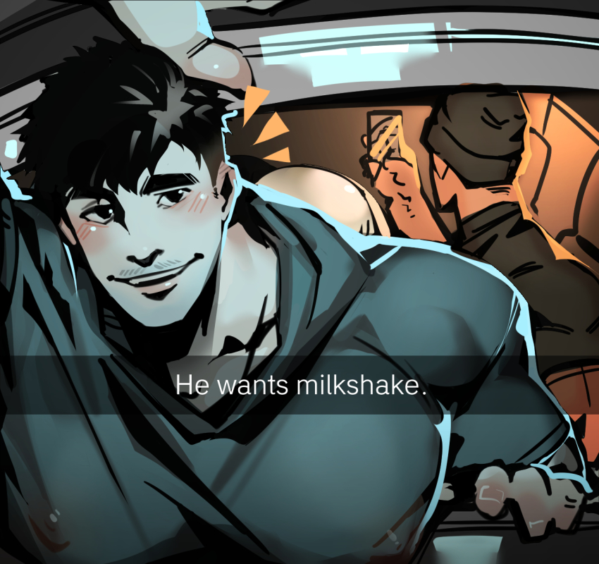2boys, bara, black_hair, black_hoodie, blush, car, covered_erect_nipples, deadbeatincubus