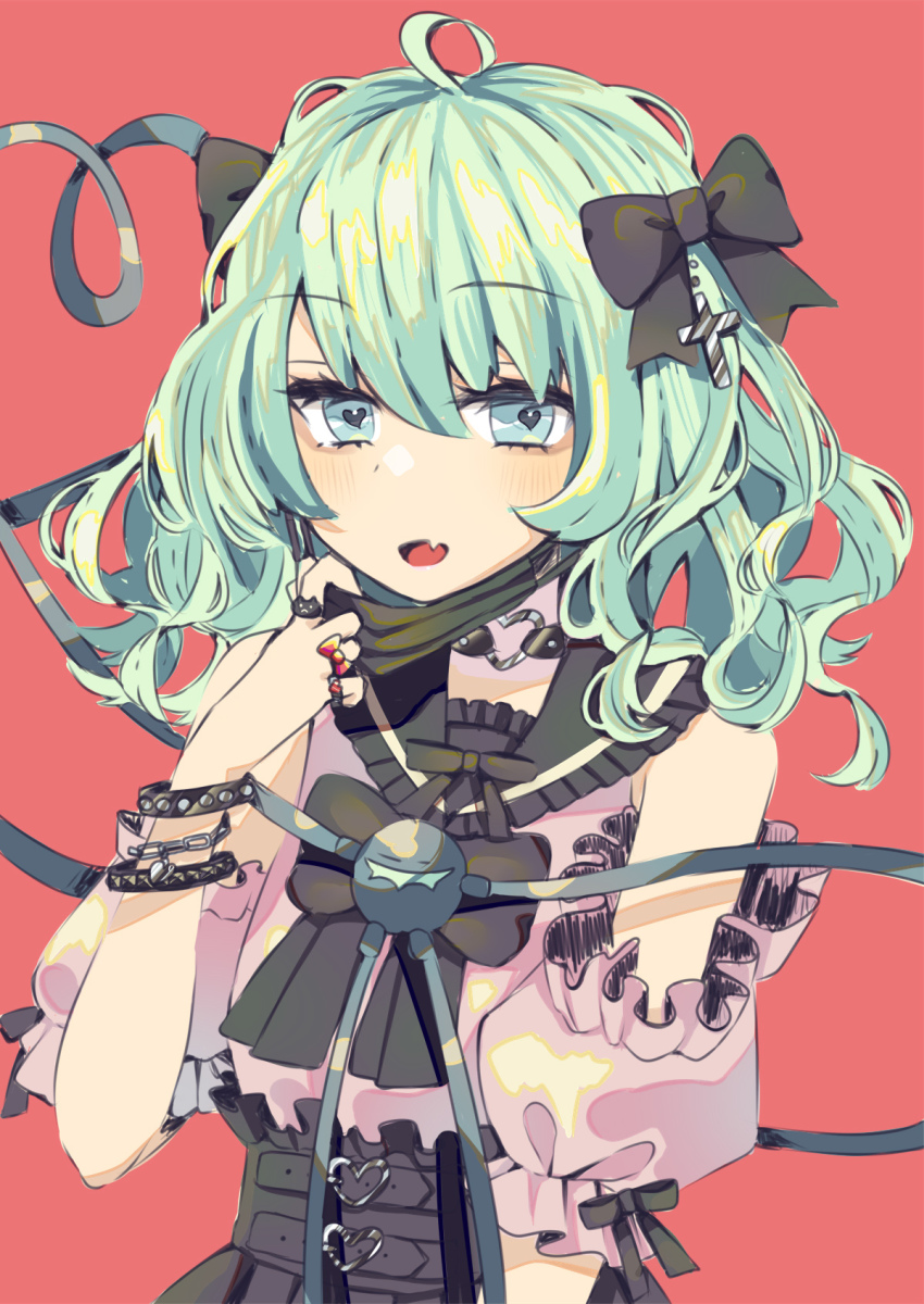 1girl, aqua_hair, black_bow, blue_eyes, blush, bow, cross_hair_ornament, culotte_(hosenrock)