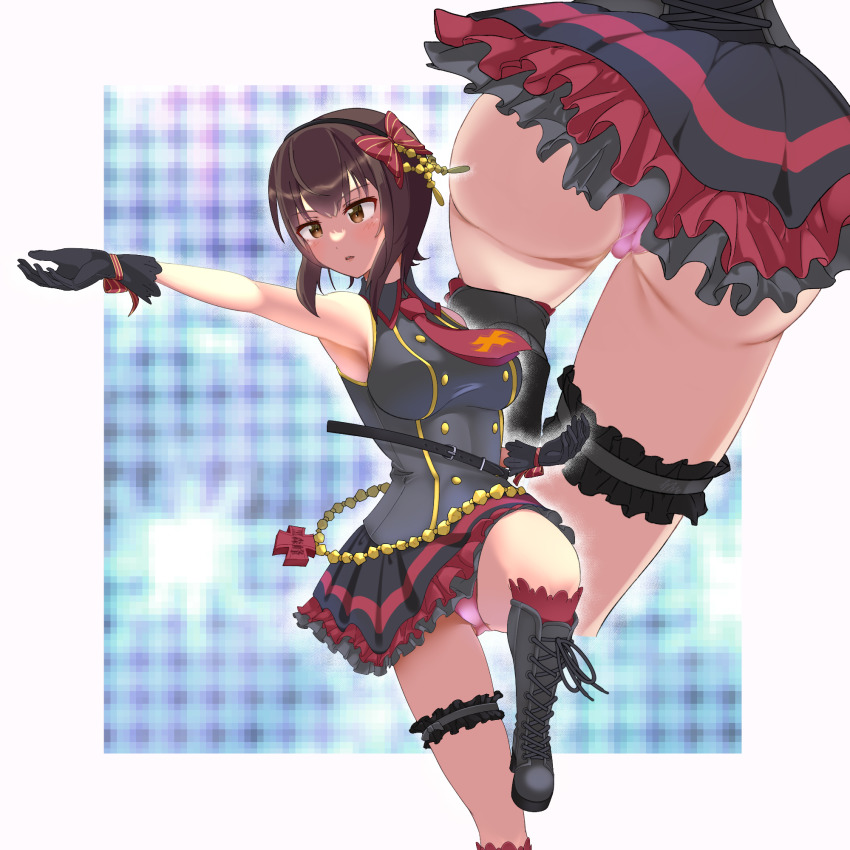 1girl, alternate_costume, armpits, ass, black_footwear, black_gloves, blush, boots, bow, breasts, brown_eyes, brown_hair, butterfly_hair_ornament, girls_und_panzer, gloves, hair_bow, hair_ornament, hairband, highres, knee_boots, lace-up_boots, large_breasts, microskirt, multiple_views, na_nto, necktie, nishizumi_maho, open_mouth, panties, pink_panties, red_necktie, shiny_skin, short_hair, skirt, sleeveless, underwear