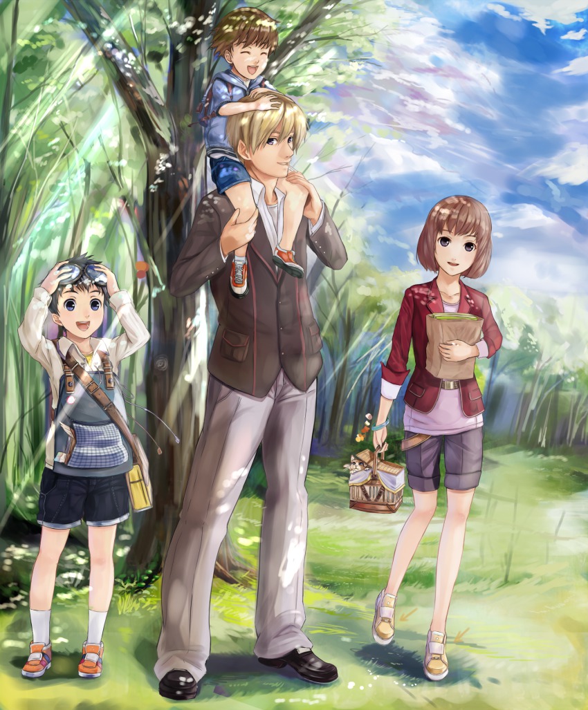 1girl, 3boys, ^_^, backpack, bag, basket, belt, black_hair