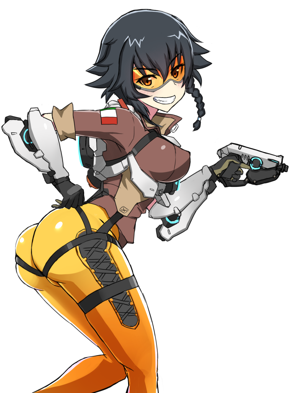 1girl, ass, black_gloves, black_hair, blush, bodysuit, bomber_jacket, braid