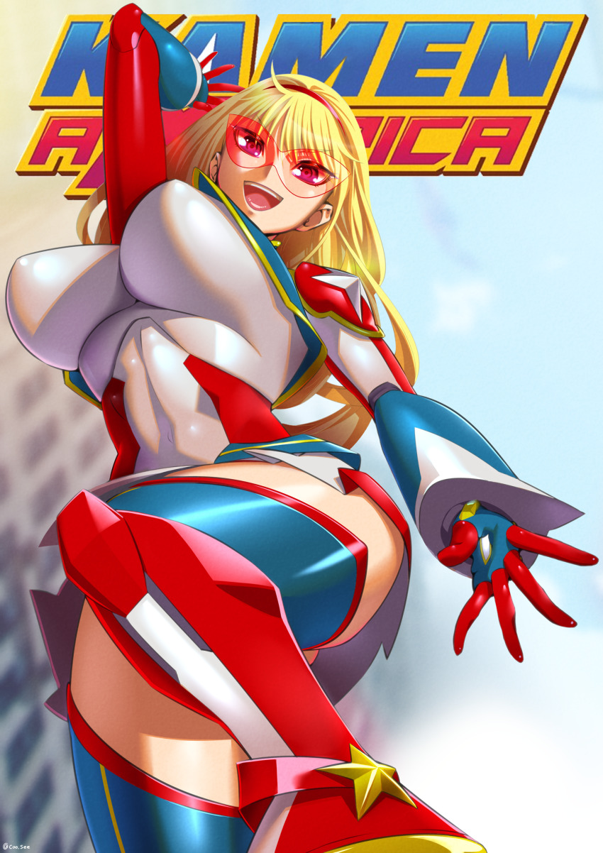 1girl, armored_boots, blonde_hair, boots, breasts, copyright_name, covered_erect_nipples, covered_navel