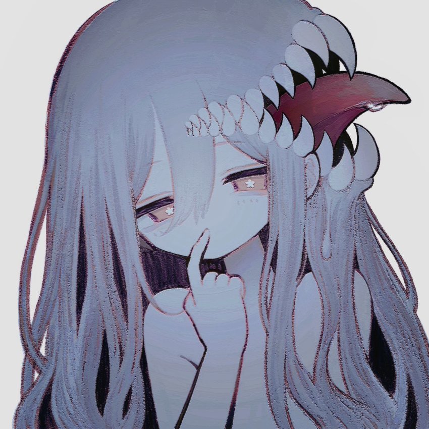 1girl, bare_shoulders, completely_nude, drooling, extra_mouth, finger_to_mouth, grey_background, grey_hair, hair_between_eyes, horror_(theme), long_hair, nude, open_mouth, orange_eyes, original, painterly, saliva, samejima_nurie, sharp_teeth, simple_background, solo, star-shaped_pupils, star_(symbol), symbol-shaped_pupils, teeth, tongue, tongue_out, upper_body