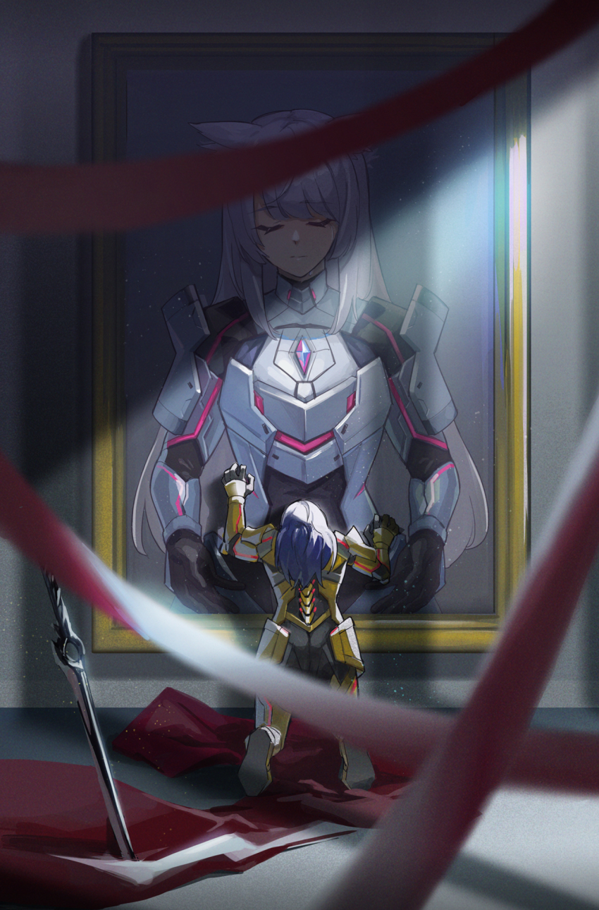 1boy, animal_ears, armor, black_hair, cat_ears, chest_jewel, despair, closed_eyes