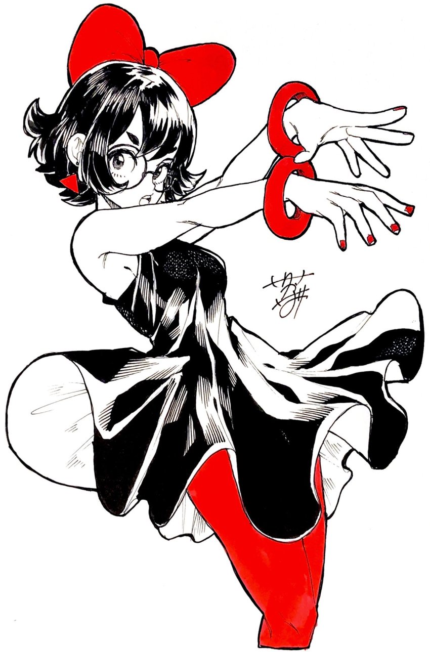 1girl, all_yellow777, bow, dress, earrings, fingernails, glasses, grey_background