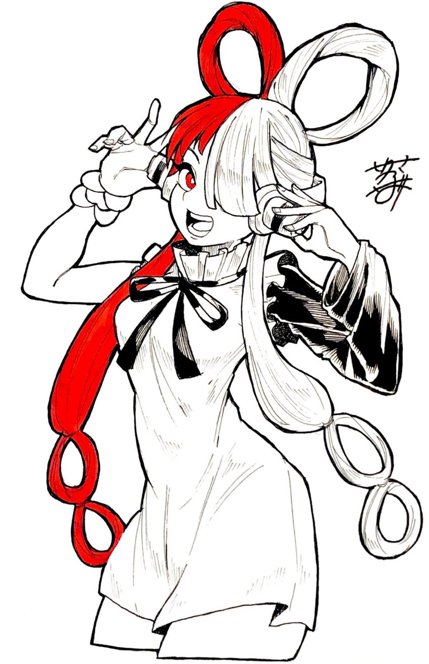 1girl, all_yellow777, dress, female_focus, fingernails, frills, grey_background, greyscale, hair_over_one_eye, hatching_(texture), headphones, highres, long_hair, monochrome, multicolored_hair, one_piece, one_piece_film:_red, open_mouth, red_eyes, red_hair, ribbon, signature, simple_background, smile, solo, spot_color, teeth, twintails, uta_(one_piece)