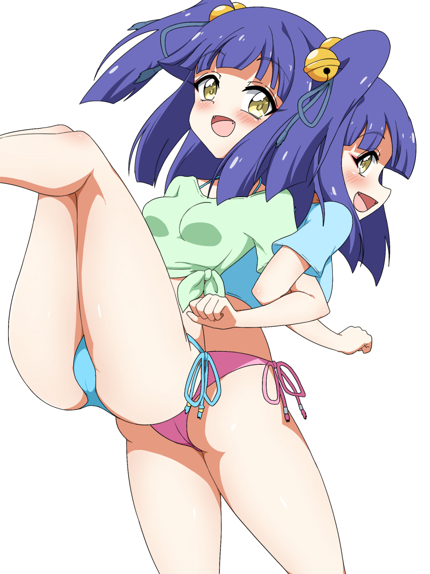 2girls, absurdres, ass, bell, bikini, blue_bikini, blue_hair, blue_shirt