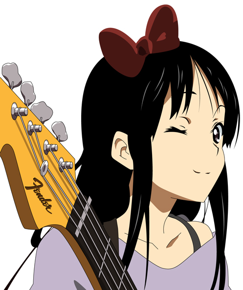 1girl, akiyama_mio, bass_guitar, black_hair, bow, female_focus, guitar, instrument, k-on!, listen!!, long_hair, one_eye_closed, peaceman, simple_background, smile, solo, white_background, wink