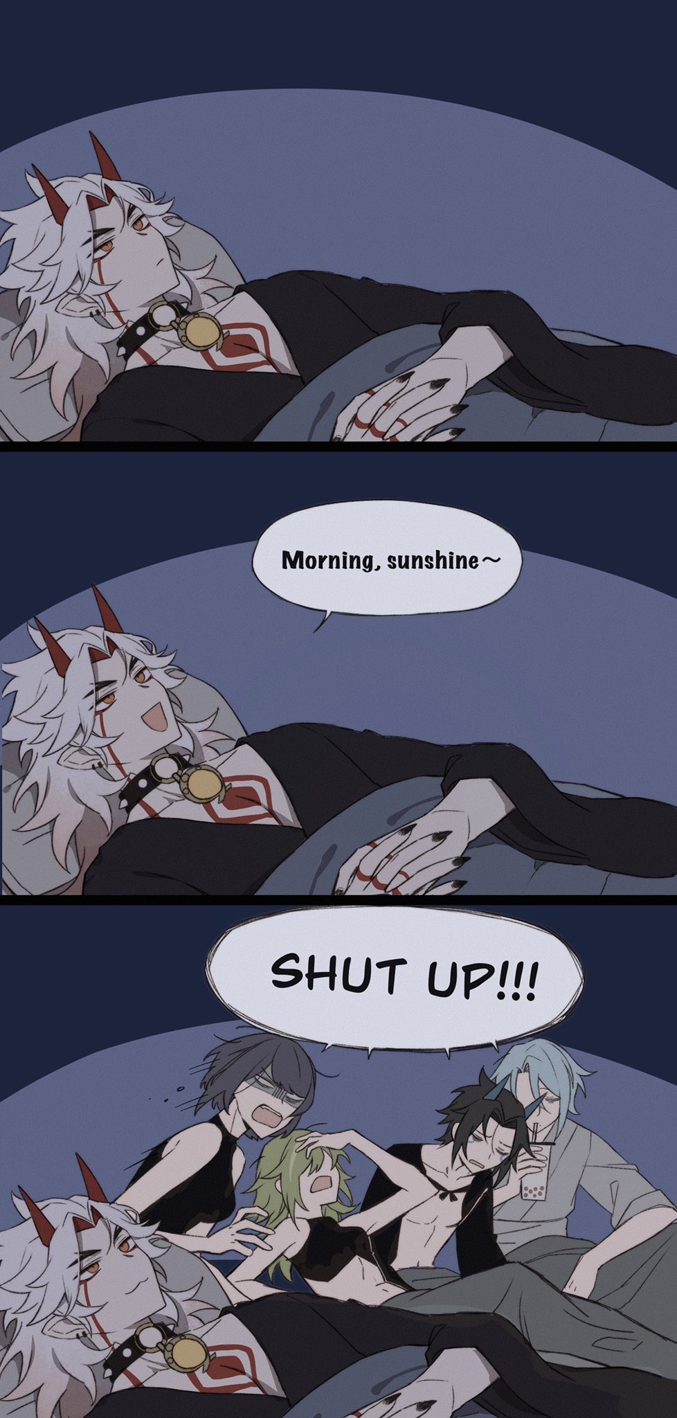 2girls, 3boys, :3, annoyed, arataki_itto, bisexual_male, black_choker, black_hair, black_jacket, black_kimono, black_nails, black_shirt, blue_hair, body_markings, bubble_tea, choker, closed_eyes, cropped_jacket, cropped_shirt, cup, disposable_cup, ear_piercing, english_text, facial_mark, fingernails, genshin_impact, green_hair, grey_kimono, hair_intakes, harem, highres, holding, holding_cup, horns, jacket, japanese_clothes, kackaorz1, kamisato_ayato, kimono, kujou_sara, kuki_shinobu, long_hair, long_sleeves, multiple_boys, multiple_girls, nail_polish, o-ring, o-ring_choker, piercing, pointy_ears, red_horns, sharp_fingernails, shirt, short_hair, sleeveless, sleeveless_shirt, studded_choker, takuya_(genshin_impact), under_covers, white_hair, wide_sleeves, yellow_eyes, yukata