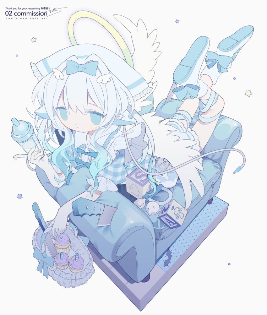 1girl, alphabet_blocks, angel, angel_wings, armchair, audio_jack, baby_bottle, basket