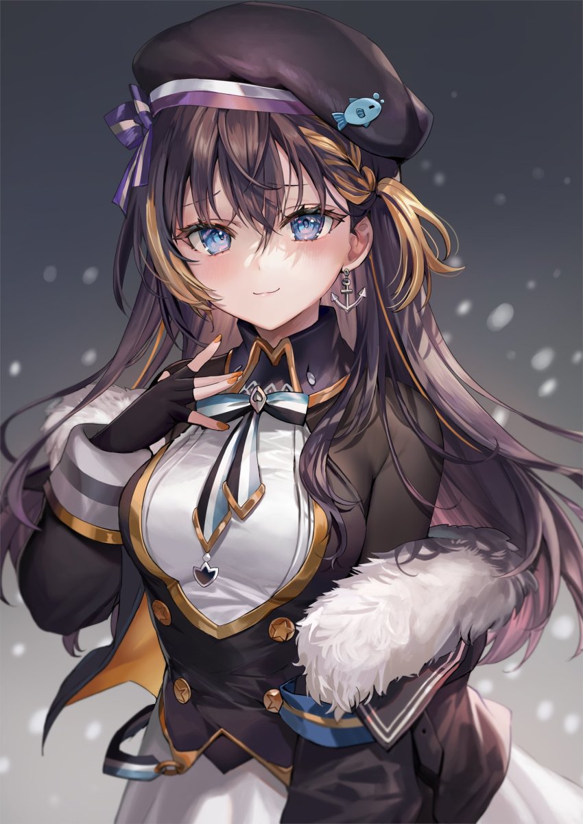 1girl, beret, black_hair, blonde_hair, blue_eyes, bow, bowtie, braid