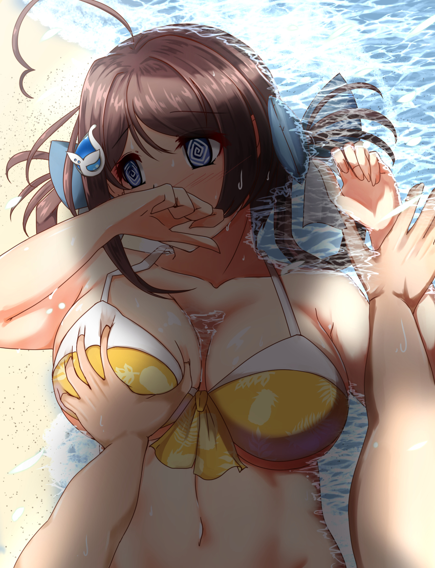 1boy, 1girl, @_@, absurdres, ahoge, beach, bikini, blue_eyes