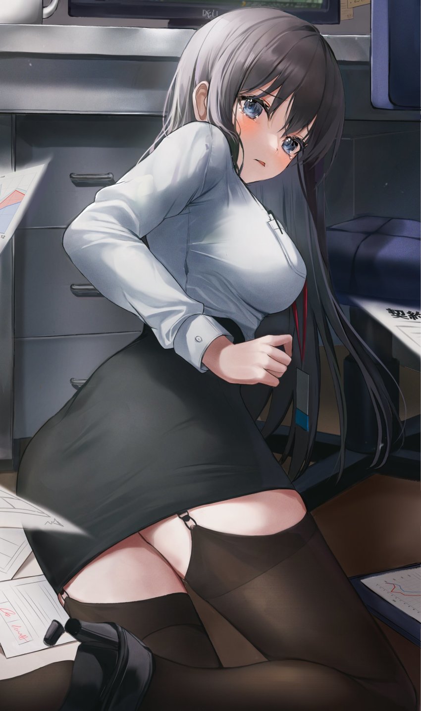 1girl, absurdres, black_shoes, black_skirt, black_thighhighs, blue_eyes, blush, cabinet