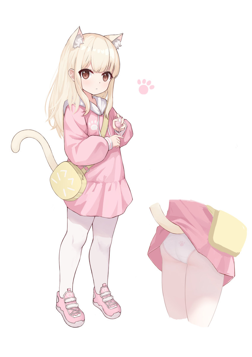 1girl, absurdres, animal_ear_fluff, animal_ears, ass, bag, blonde_hair, borrowed_character, brown_eyes, cat_ears, cat_girl, cat_tail, clothes_lift, crime_prevention_buzzer, female_focus, full_body, handbag, highres, hood, hoodie, hoodie_lift, jinfengkaze, lifting_own_clothes, lifted_by_tail, loli, long_hoodie, long_sleeves, looking_at_viewer, medium_hair, no_pants, original, panties, pantyhose, parfait_(gachigachi), paw_print, pink_hoodie, simple_background, tail, underwear, white_background, white_panties, white_pantyhose