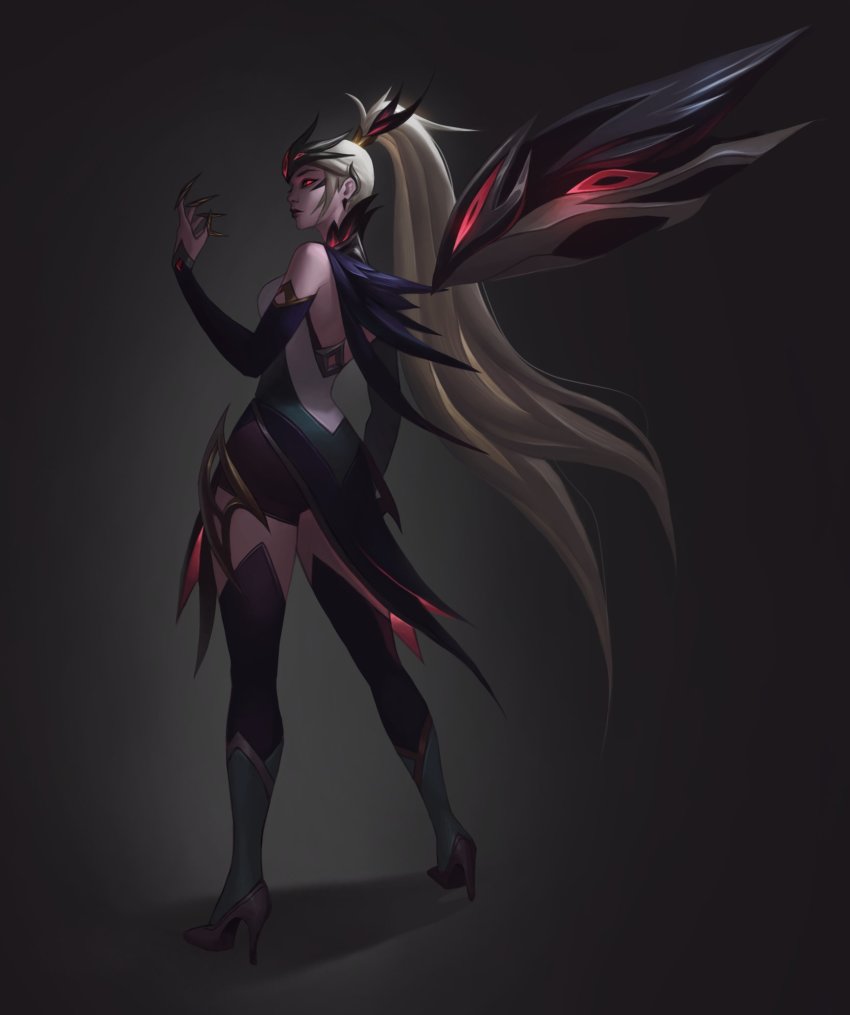 ass, bare_shoulders, black_thighhighs, blonde_hair, claw_ring, closed_mouth, detached_sleeves, full_body, gradient_background, grey_background, hand_up, high_heels, highres, kai'sa, league_of_legends, long_hair, looking_back, lucy_(somewhat_irked), ponytail, profile, red_eyes, red_lips, standing, thighhighs, very_long_hair