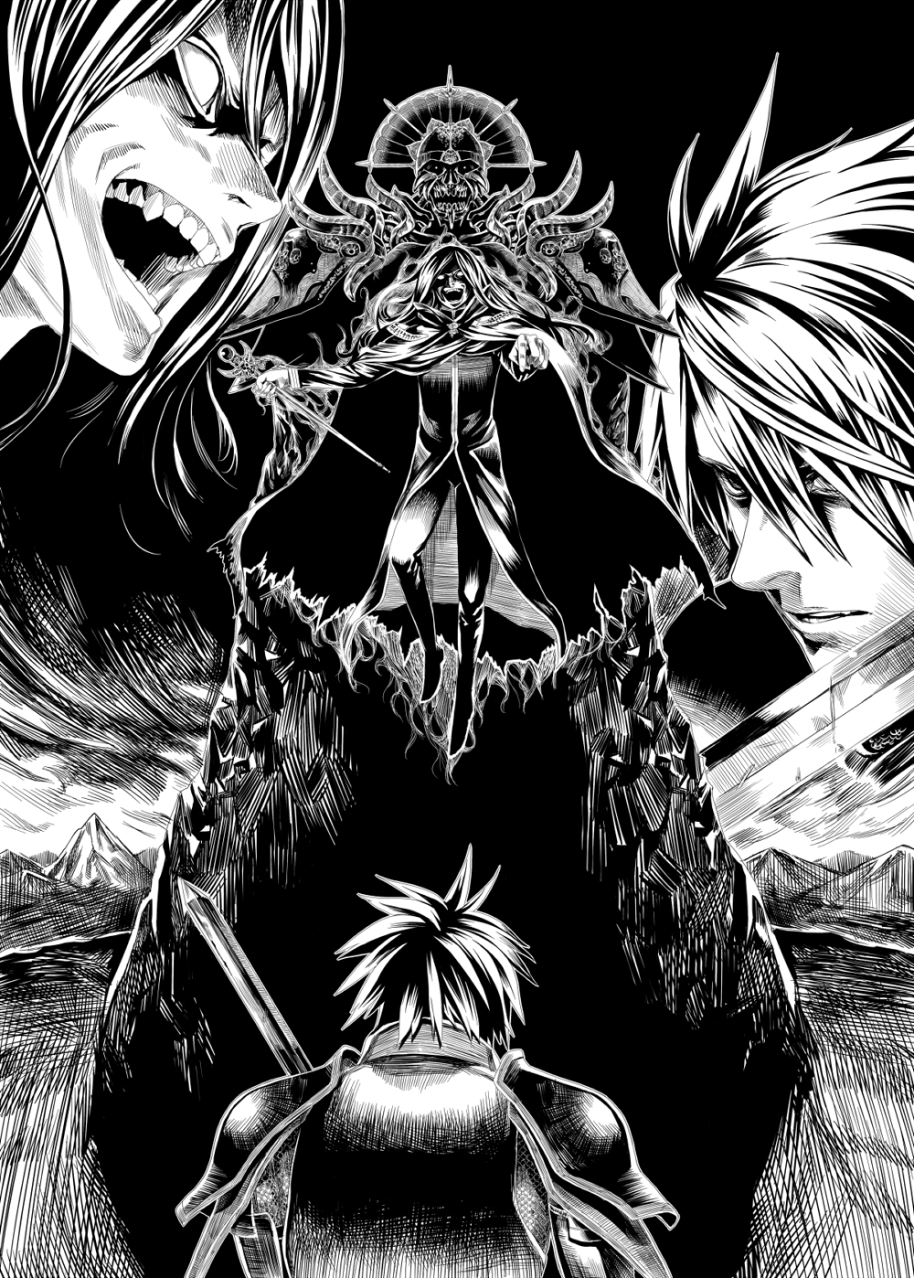 2boys, armor, asanagi, cape, close-up, greyscale, highres, live_a_live, male_focus, monochrome, multiple_boys, oersted, spoilers, streibough, sword, weapon