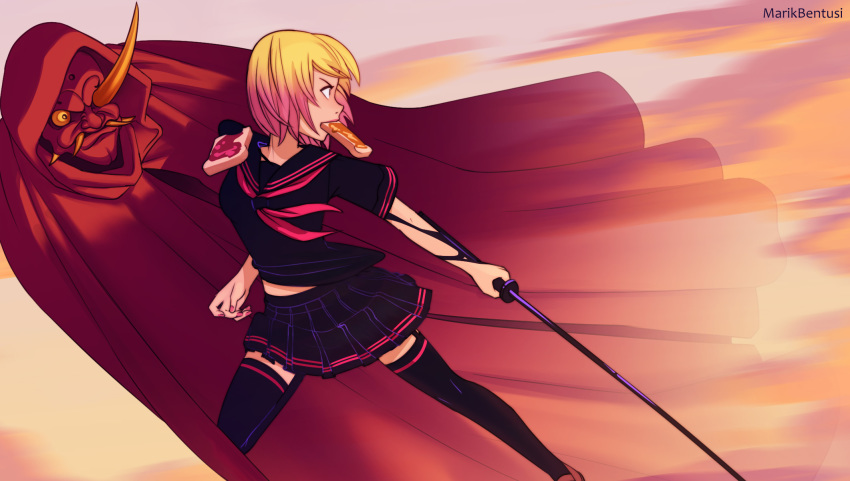 1girl, alternate_universe, black_garter_straps, black_serafuku, black_skirt, black_thighhighs, blonde_hair, bread_slice