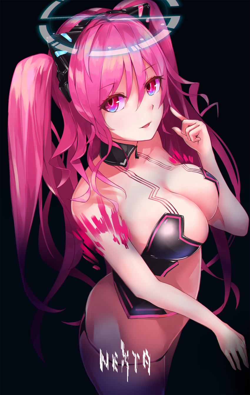 1girl, bare_shoulders, bemani, bikini, black_background, black_bikini, breasts, halo, highres, kie_(yospcd), large_breasts, long_hair, looking_at_viewer, midriff, navel, nexta, pink_eyes, pink_hair, pointing, rasis, rasis_(nexta), solo, sound_voltex, sound_voltex_iii_gravity_wars, strapless, strapless_bikini, swimsuit, twintails