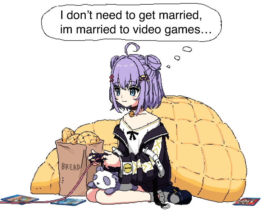 1girl, aiu404l, apex_legends, bag, bean_bag_chair, black_footwear, black_jacket, bloodhound_(apex_legends), bread, collarbone, controller, controller_hair_ornament, cowlick, double_bun, english_text, food, hair_bun, hair_ornament, highres, holding, holding_controller, horizon_(game), horizon_(video_game), horizon_zero_dawn, indie_virtual_youtuber, jacket, melon_bread, off_shoulder, overcooked, pixel_art, purple_hair, second-party_source, shirt, shizukou, short_hair, sitting, smile, solo, speech_bubble, stuffed_animal, stuffed_panda, stuffed_toy, thought_bubble, video_game, virtual_youtuber, wariza, white_shirt