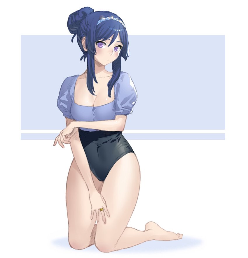 1girl, alternate_hairstyle, assault_lily, bare_legs, barefoot, black_one-piece_swimsuit, blue_background, blue_hair, blue_one-piece_swimsuit, breasts, casual_one-piece_swimsuit, cleavage, closed_mouth, collarbone, commentary, covered_navel, frilled_hairband, frills, full_body, hair_between_eyes, hair_bun, hairband, hand_on_own_thigh, hand_up, highres, itou_shizu_(assault_lily), jewelry, kneeling, light_blush, long_hair, looking_at_viewer, medium_breasts, one-piece_swimsuit, puffy_short_sleeves, puffy_sleeves, purple_eyes, ring, short_sleeves, sidelocks, single_hair_bun, solo, swimsuit, tori_udon, two-tone_background, two-tone_swimsuit, white_background, white_hairband