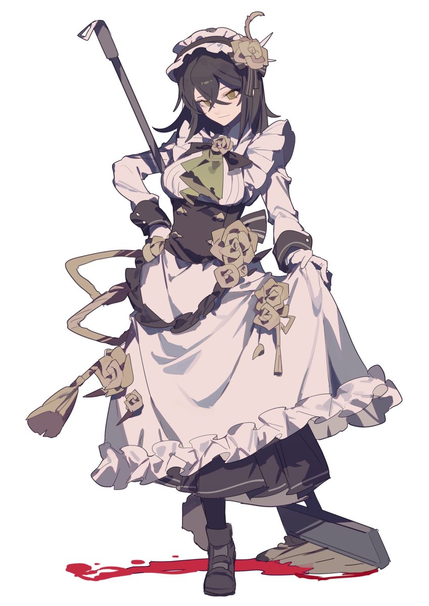 1girl, apron, ascot, black_boots, black_hair, black_hairband, black_skirt, blood