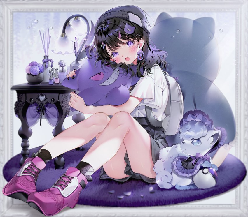 1girl, :o, alolan_form, alolan_vulpix, backpack, bag, bare_legs, beanie